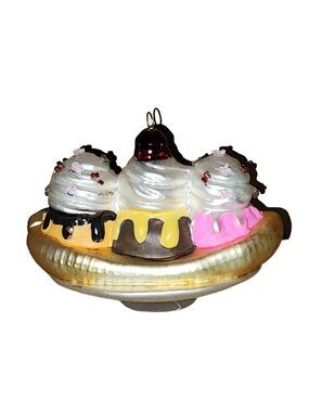 Blown Glass Banana Split Ice Cream Christmas Ornament Sprinkles Cherry Shiney